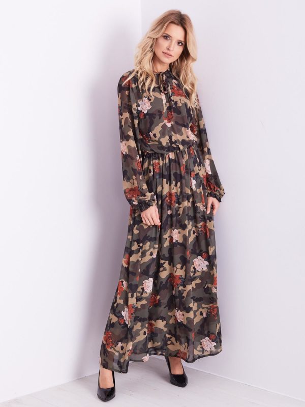 Wholesale BY O LA LA Patterned khaki maxi dress