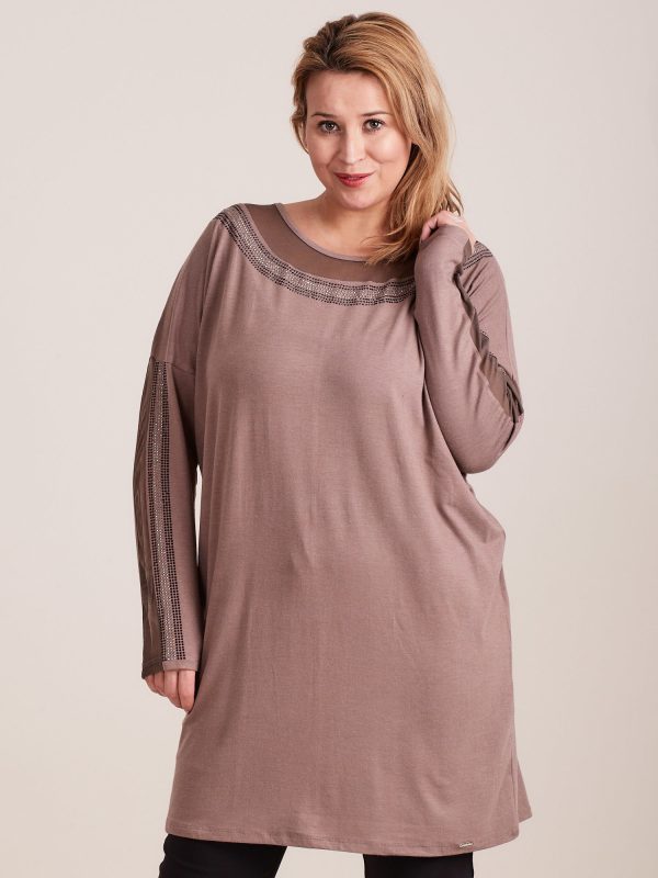 Wholesale Beige tunic with plus size rhinestones