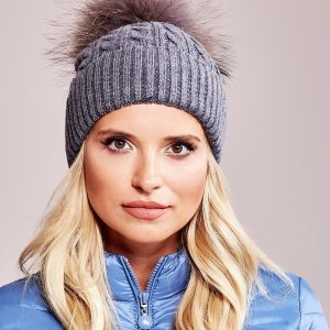 Wholesale Dark grey hat with ribbing and fur