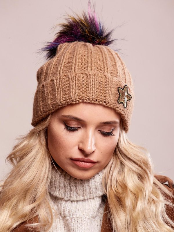 Wholesale Beige hat with colorful pom