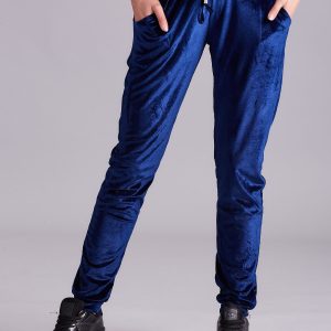 Wholesale Dark blue velour trousers with stripes