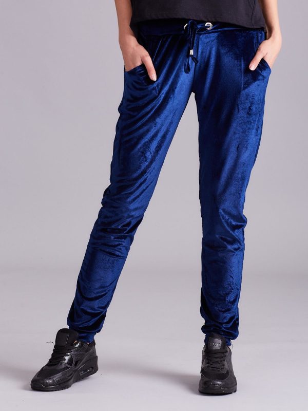 Wholesale Dark blue velour trousers with stripes