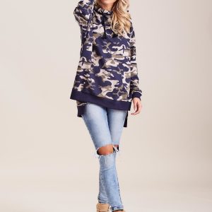 Wholesale Navy Asymmetrical Camo Hooded Sweatshirt