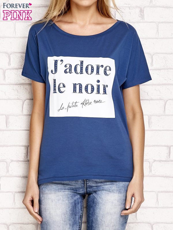 Wholesale Dark blue t-shirt with inscription J'ADORE LE NOIR