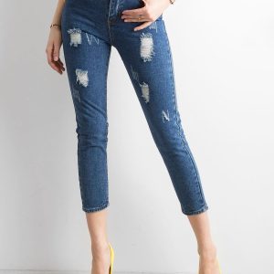 Wholesale Dark blue ankle jeans pants with abrasions