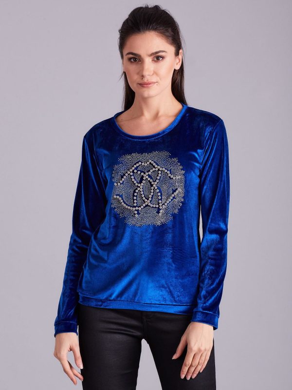 Wholesale Blue velvet sweatshirt for women with appliqué