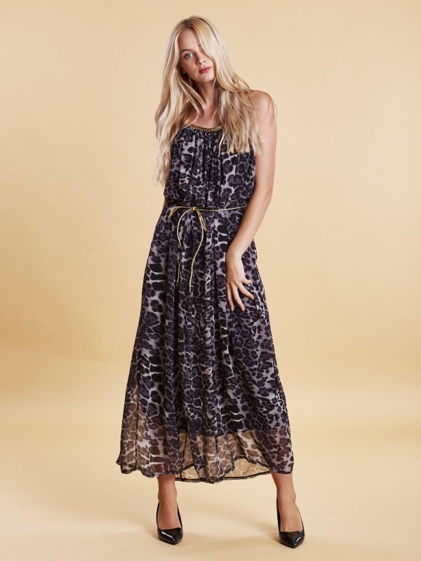 Wholesale Navy Blue Leopper Maxi Dress with Gold Straps