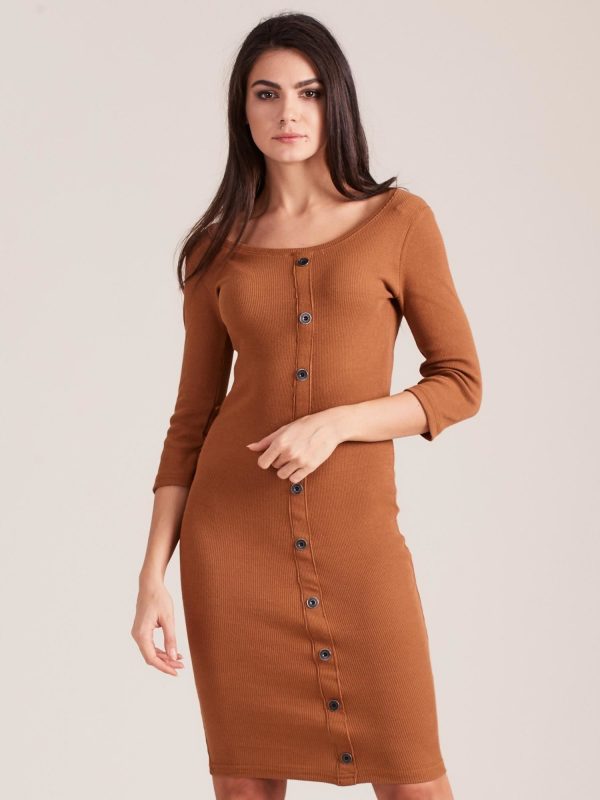 Wholesale Brown fitted ribbed dress