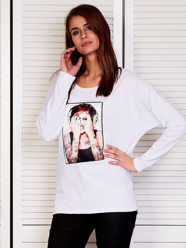 Wholesale Women's blouse with portrait of rock girl white