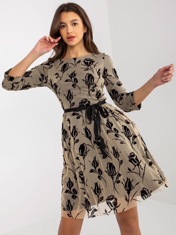 Wholesale Beige and black cocktail dress with velour patterns