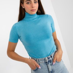 Wholesale Blue Fit Turtleneck Short Sleeve Sweater