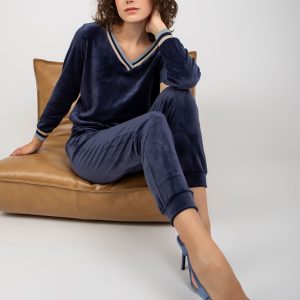 Wholesale Navy blue V-neck velour set Esti RUE PARIS