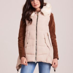 Wholesale Cream winter vest with hood and fur