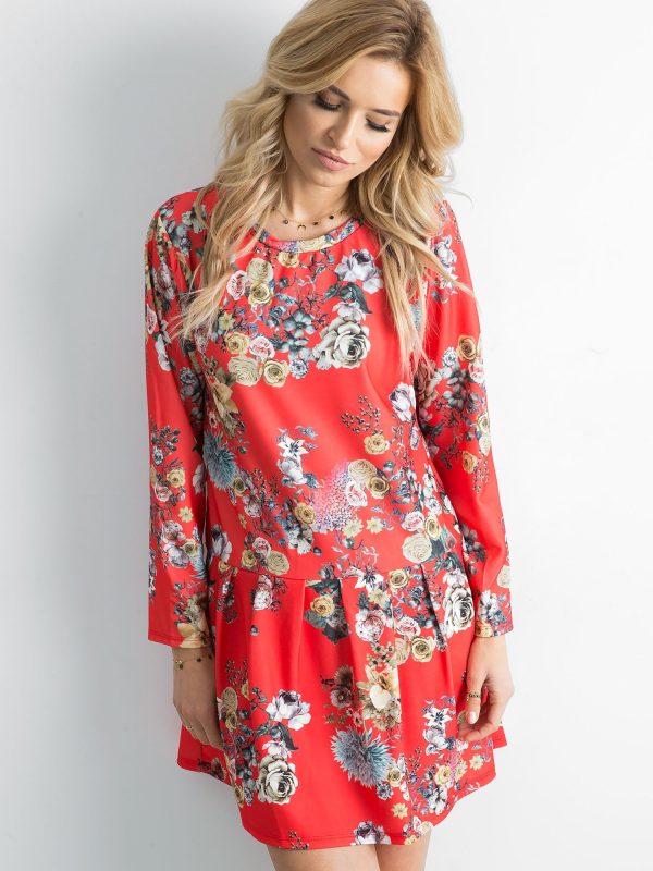 Wholesale Red floral print dress with flounce