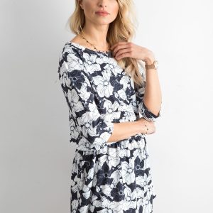 Wholesale Navy blue floral dress with ruffle at the waist