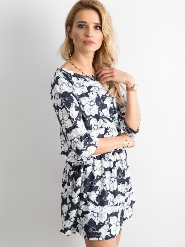 Wholesale Navy blue floral dress with ruffle at the waist