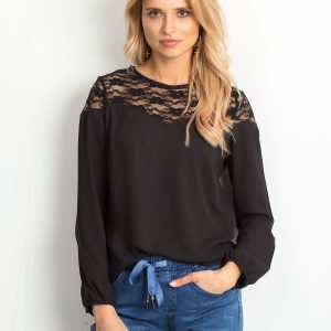 Wholesale Black chiffon blouse with lace neckline