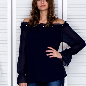 Wholesale Women's blouse with decorative neckline navy blue