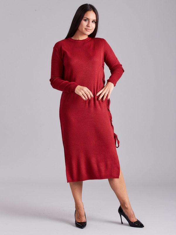 Wholesale Burgundy knitted dress with side lacing