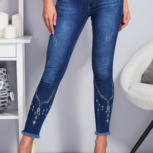 Wholesale Blue skinny pants with embroidery on the legs