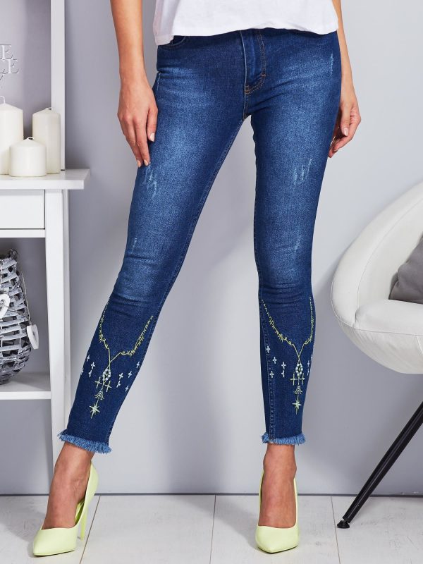 Wholesale Blue skinny pants with embroidery on the legs