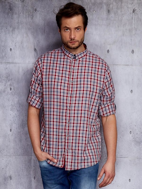 Wholesale Men's Red Plaid Shirt with Roll-up Sleeves PLUS SIZE