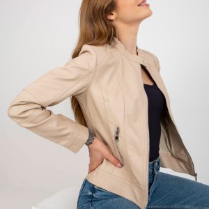 Wholesale Beige eco-leather biker jacket with Eulalie pockets