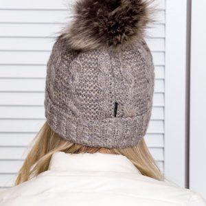 Wholesale Insulated cap with pompom and decorative weave dark beige