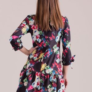 Wholesale Black floral print dress with knotted sleeves