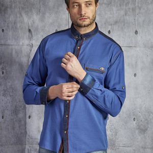 Wholesale Plain cotton shirt for men with decorative trim blue PLUS SIZE