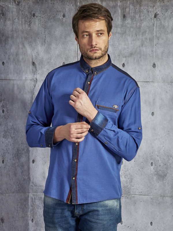 Wholesale Plain cotton shirt for men with decorative trim blue PLUS SIZE