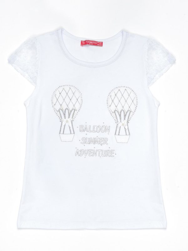 Wholesale White t-shirt for girl with applique with rhinestones