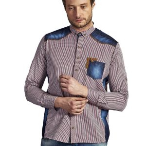 Wholesale Men's petty plaid shirt with inserts navy blue and red