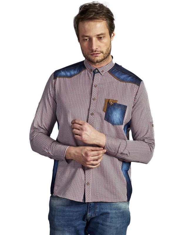 Wholesale Men's petty plaid shirt with inserts navy blue and red