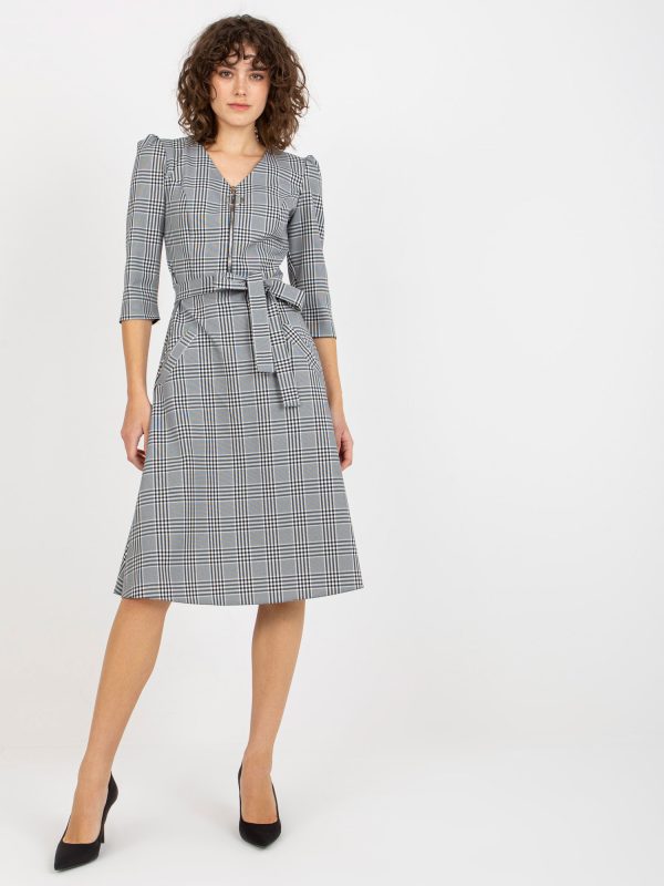 Wholesale White and black plaid cocktail dress with pockets