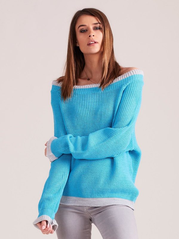 Wholesale Blue Oversized Off Shoulder Sweater