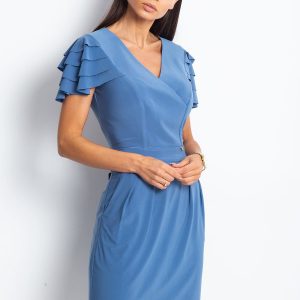 Wholesale Blue cocktail dress with flounces on the sleeves