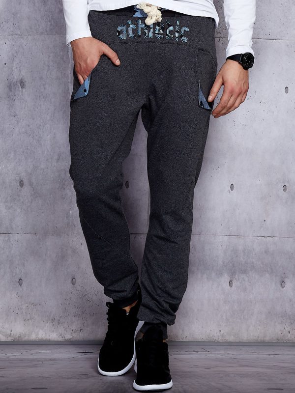 Wholesale Men's sweatpants dark grey with stripes and stripes