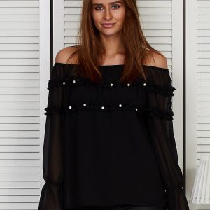 Wholesale Spanish blouse with frills and pearls black