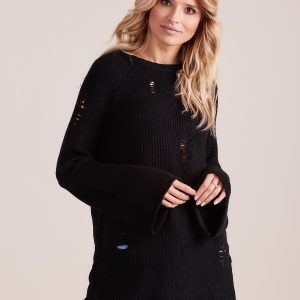 Wholesale Black loose sweater with lacing and wide sleeves