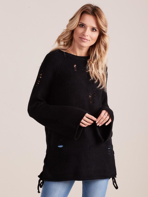 Wholesale Black loose sweater with lacing and wide sleeves