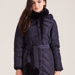 Wholesale Navy blue quilted winter jacket with fur