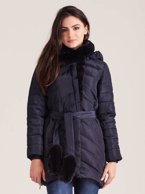 Wholesale Navy blue quilted winter jacket with fur