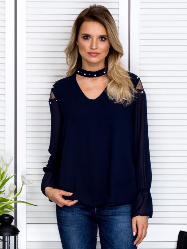 Wholesale Fairy blouse with choker and pearls navy blue