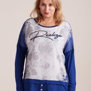 Wholesale Blue/Grey Plus Size Lace Print Blouse