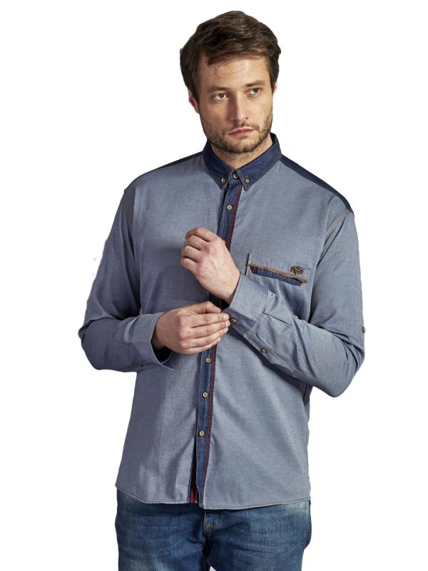 Wholesale Men's cotton shirt with stitching navy blue PLUS SIZE