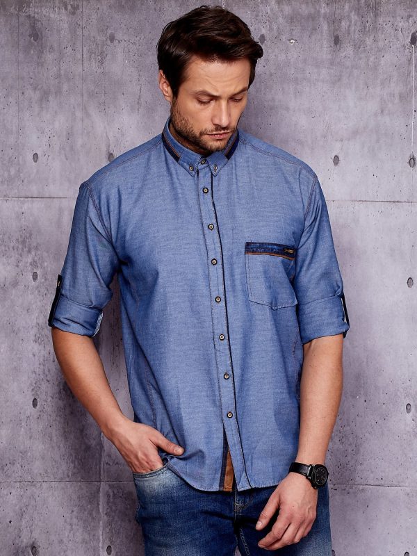 Wholesale Navy blue denim shirt for men with suede inserts PLUS SIZE