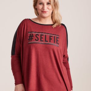 Wholesale Burgundy blouse with plus size lettering and rhinestones