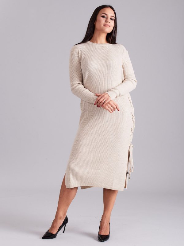 Wholesale Beige knitted dress with side lacing