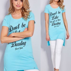 Wholesale Cotton light blue tunic with inscriptions on the front